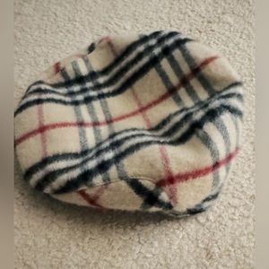 Burberry Cream Plaid Wool Beret with Navy & Red Stripes